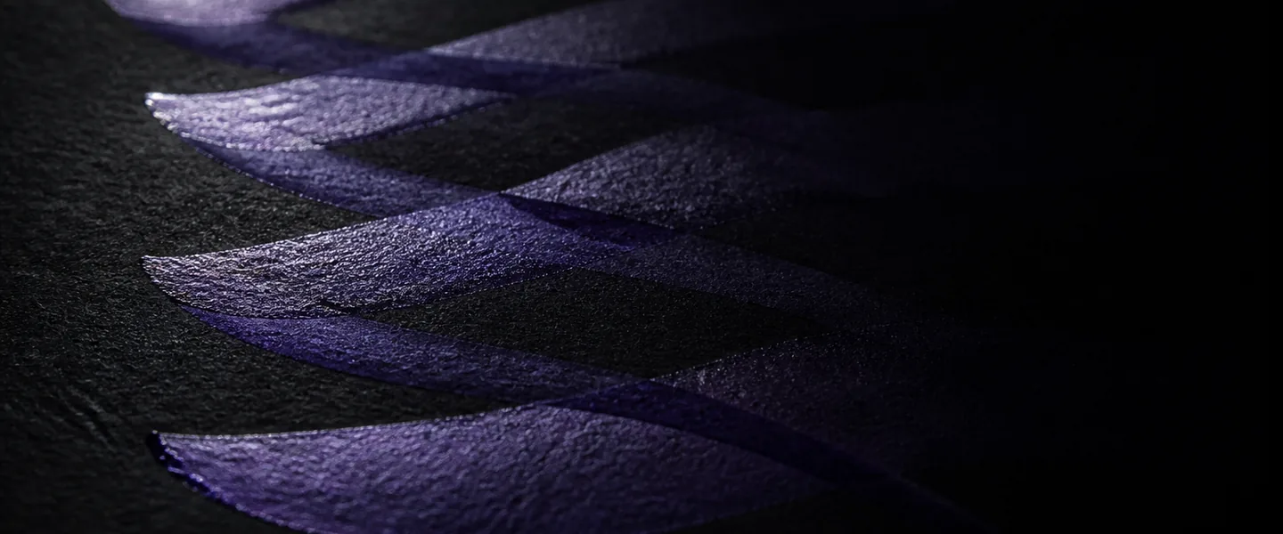 Overlapping translucent violet ink strokes on a dark surface, lit from one side
